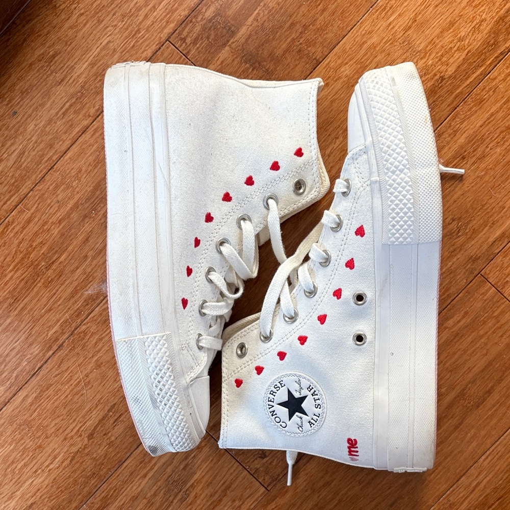 Converse White High-Top Sneakers with Red Heart Details